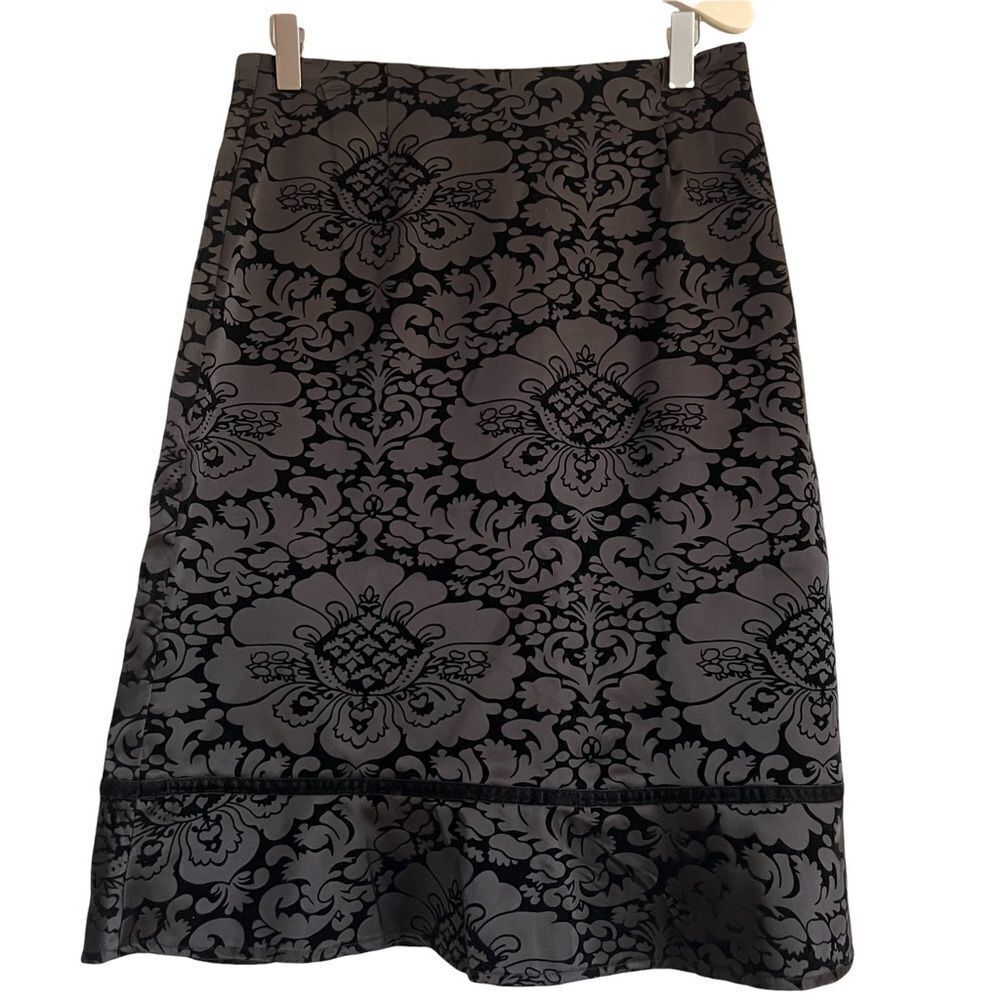 Vintage Miss Lilly Flocked Satin Black Damask A-Line Skirt Small Made in USA